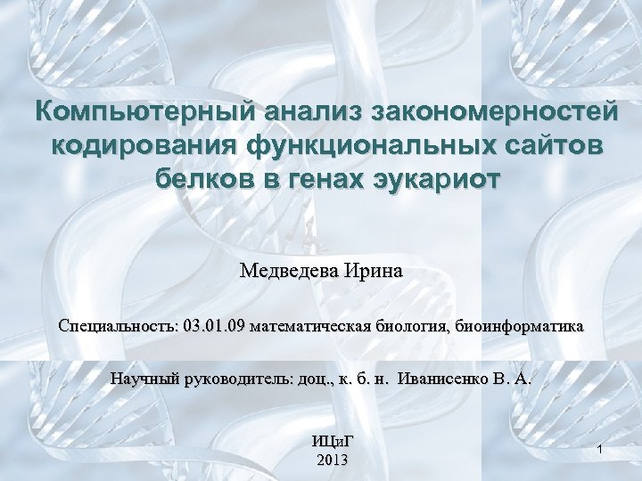 Компьютерный анализ закономерностей кодирования функциональных сайтов белков в генах эукариот Медведева Ирина Специальность: 03.