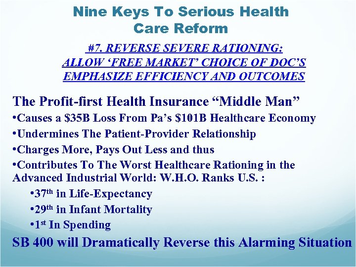 Nine Keys To Serious Health Care Reform #7. REVERSE SEVERE RATIONING: ALLOW ‘FREE MARKET’