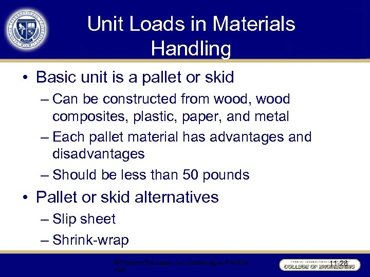 Unit Loads in Materials Handling • Basic unit is a pallet or skid –