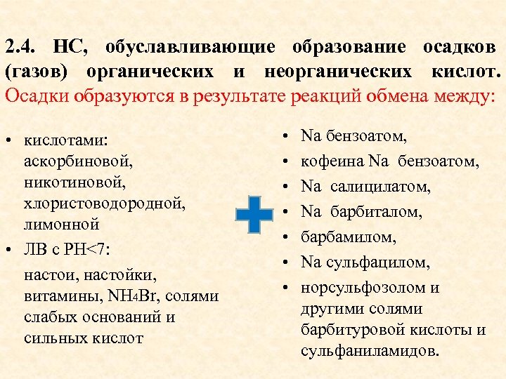 2. 4. НС, обуславливающие образование осадков (газов) органических и неорганических кислот. Осадки образуются в