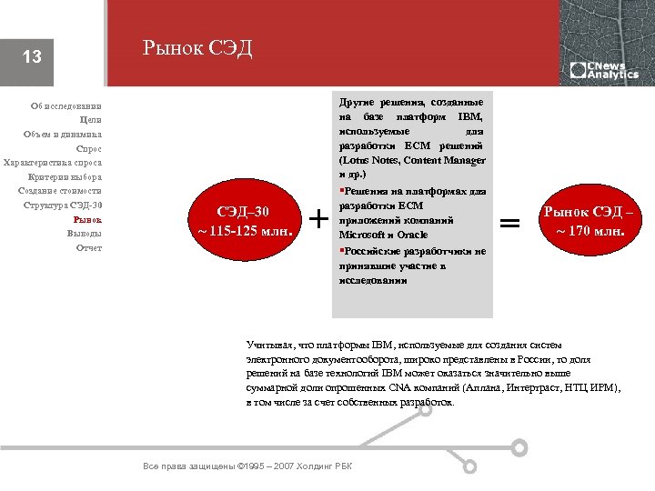 Рынок СЭД 13 Другие решения, созданные на базе платформ IBM, используемые для разработки ECM