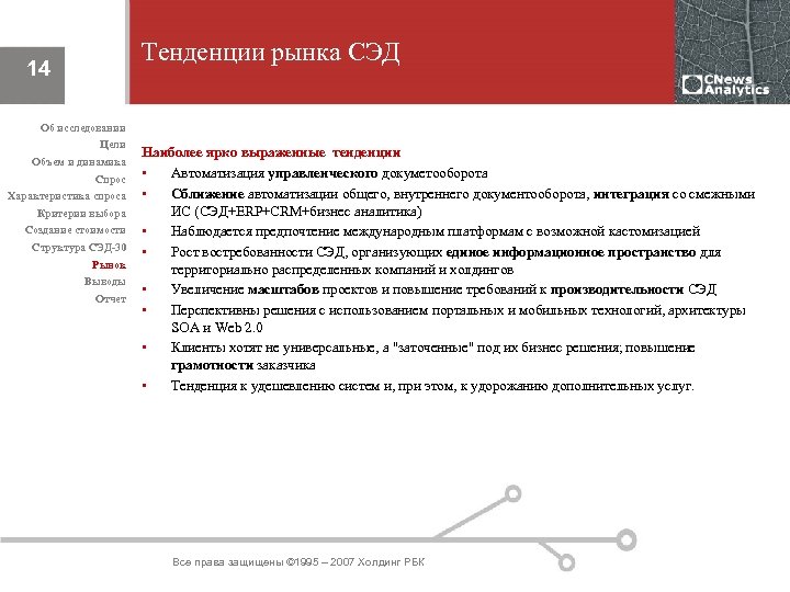 Тенденции рынка СЭД 14 Об исследовании Цели Объем и динамика Спрос Характеристика спроса Критерии