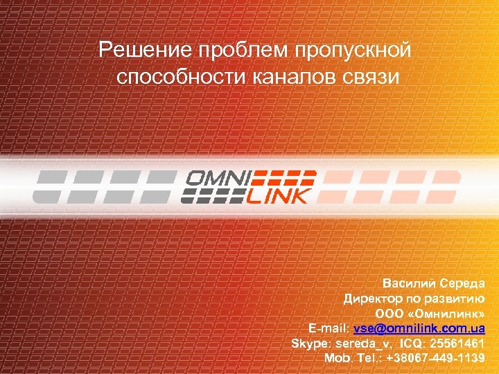 Решение проблем пропускной способности каналов связи Василий Середа Директор по развитию ООО «Омнилинк» E-mail: