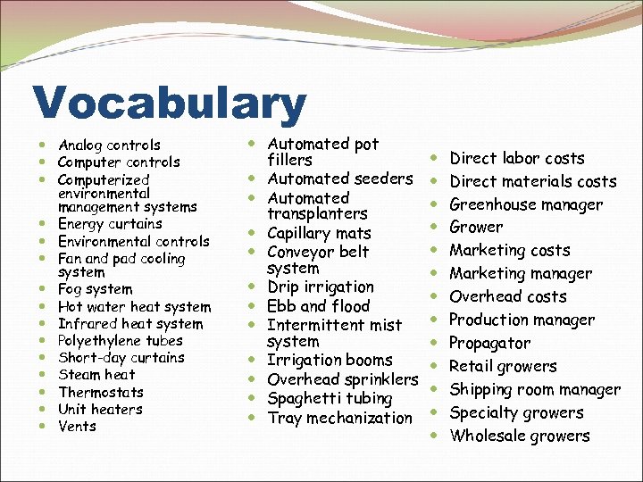 Vocabulary Analog controls Computerized environmental management systems Energy curtains Environmental controls Fan and pad