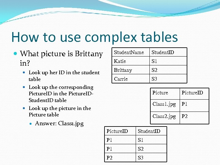 How to use complex tables What picture is Brittany in? Student. Name Katie S
