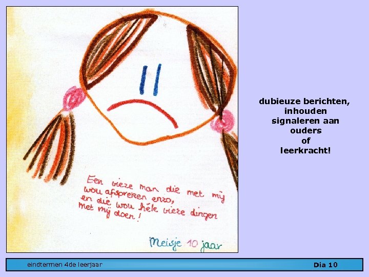 dubieuze berichten, inhouden signaleren aan ouders of leerkracht! eindtermen 4 de leerjaar Dia 10
