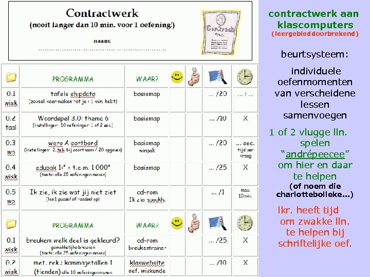contractwerk aan klascomputers (leergebieddoorbrekend) beurtsysteem: individuele oefenmomenten van verscheidene lessen samenvoegen 1 of 2
