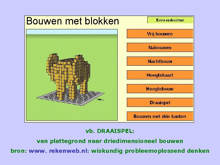 vb. DRAAISPEL: van plattegrond naar driedimensioneel bouwen bron: www. rekenweb. nl: wiskundig probleemoplossend denken