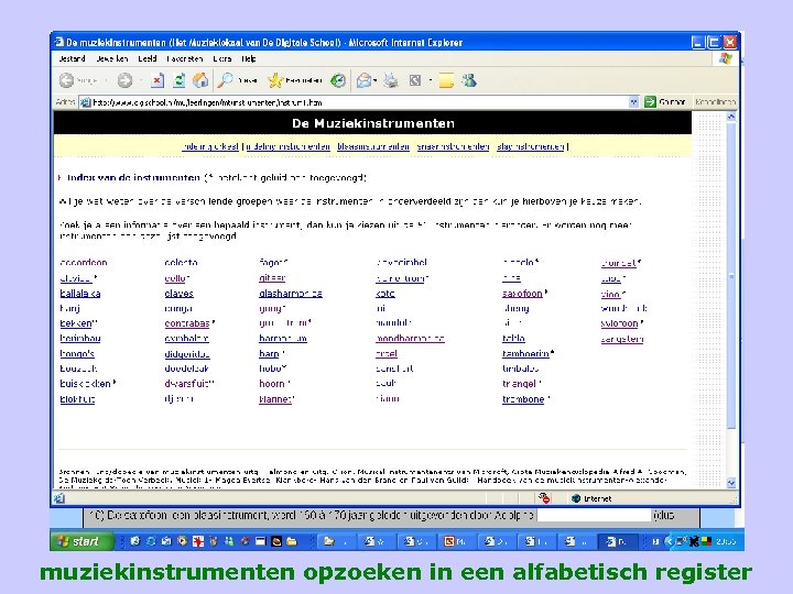 muziekinstrumenten opzoeken in een alfabetisch register 