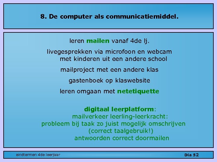 8. De computer als communicatiemiddel. leren mailen vanaf 4 de lj. livegesprekken via microfoon