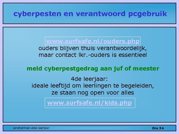 cyberpesten en verantwoord pcgebruik www. surfsafe. nl/ouders. php ouders blijven thuis verantwoordelijk, maar contact