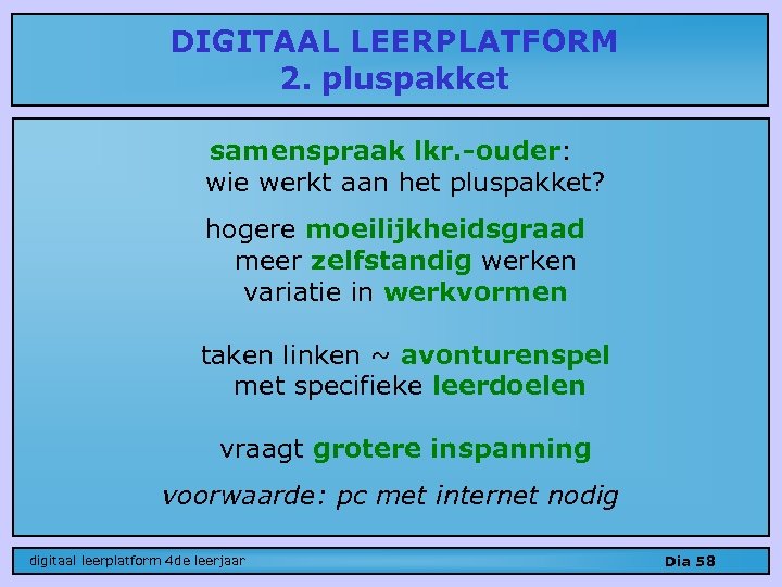 DIGITAAL LEERPLATFORM 2. pluspakket samenspraak lkr. -ouder: wie werkt aan het pluspakket? hogere moeilijkheidsgraad