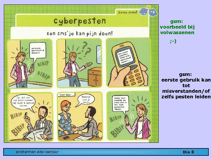 gsm: voorbeeld bij volwassenen ; -) gsm: eerste gebruik kan tot misverstanden/of zelfs pesten