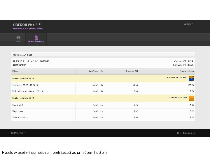 Hotelový účet v internetovom prehliadači po prihlásení hosťom 
