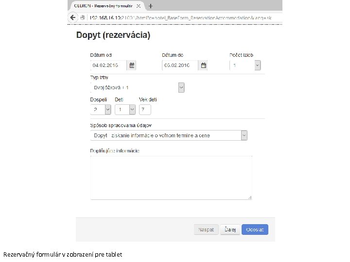 Rezervačný formulár v zobrazení pre tablet 