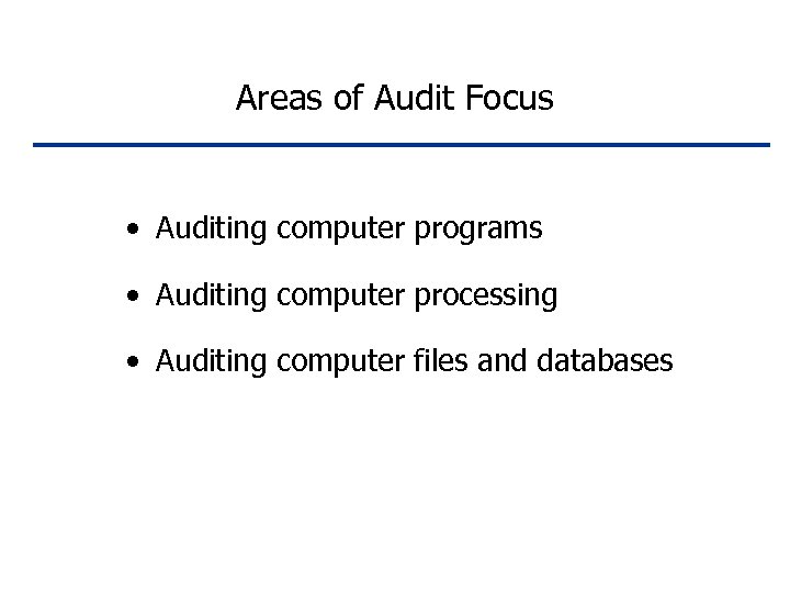 Areas of Audit Focus • Auditing computer programs • Auditing computer processing • Auditing