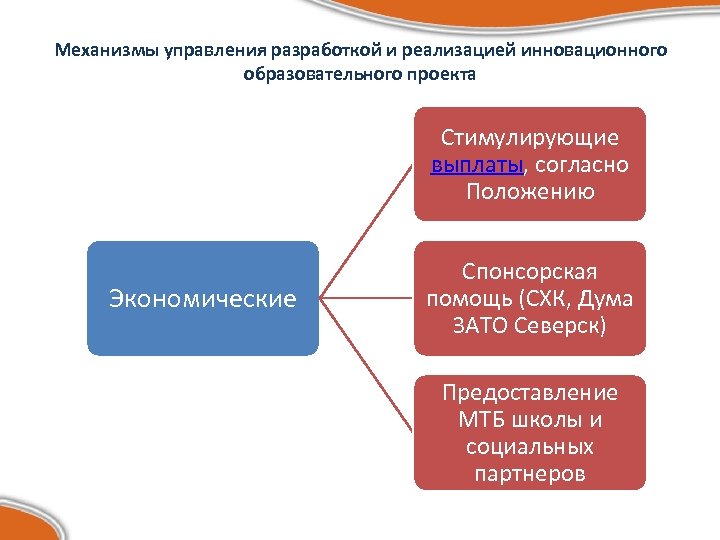 Механизмы управления разработкой и реализацией инновационного образовательного проекта Стимулирующие выплаты, согласно Положению Экономические Спонсорская