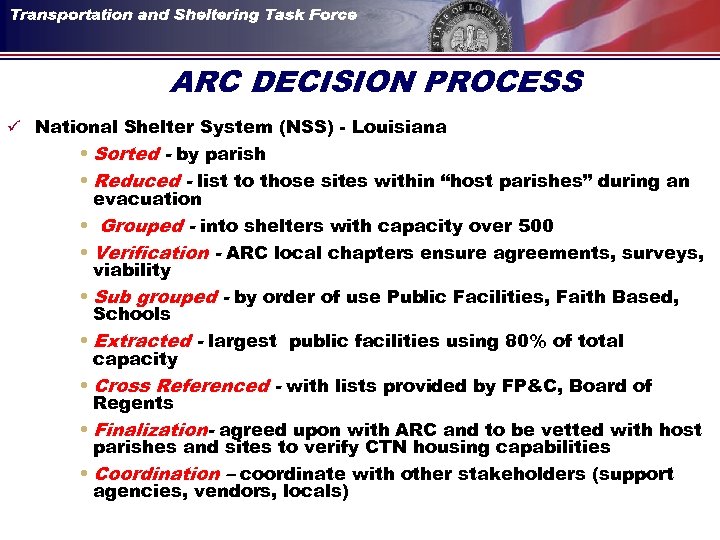 ARC DECISION PROCESS ü National Shelter System (NSS) - Louisiana • Sorted - by