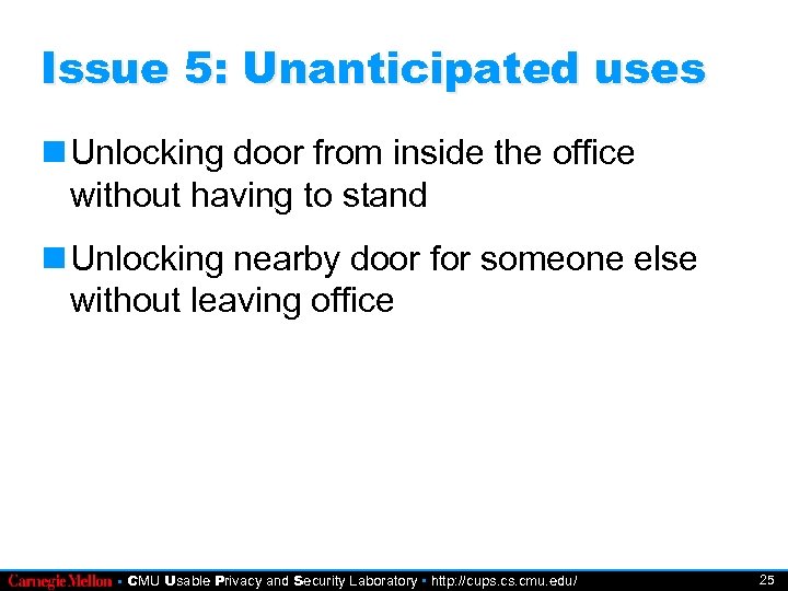 Issue 5: Unanticipated uses Unlocking door from inside the office without having to stand