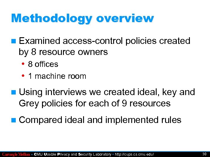Methodology overview Examined access-control policies created by 8 resource owners • 8 offices •
