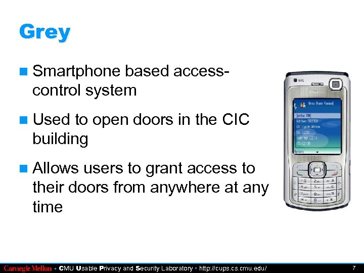 Grey Smartphone based accesscontrol system Used to open doors in the CIC building Allows