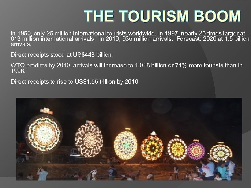 THE TOURISM BOOM In 1950, only 25 million international tourists worldwide. In 1997, nearly