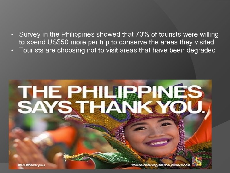  • Survey in the Philippines showed that 70% of tourists were willing to