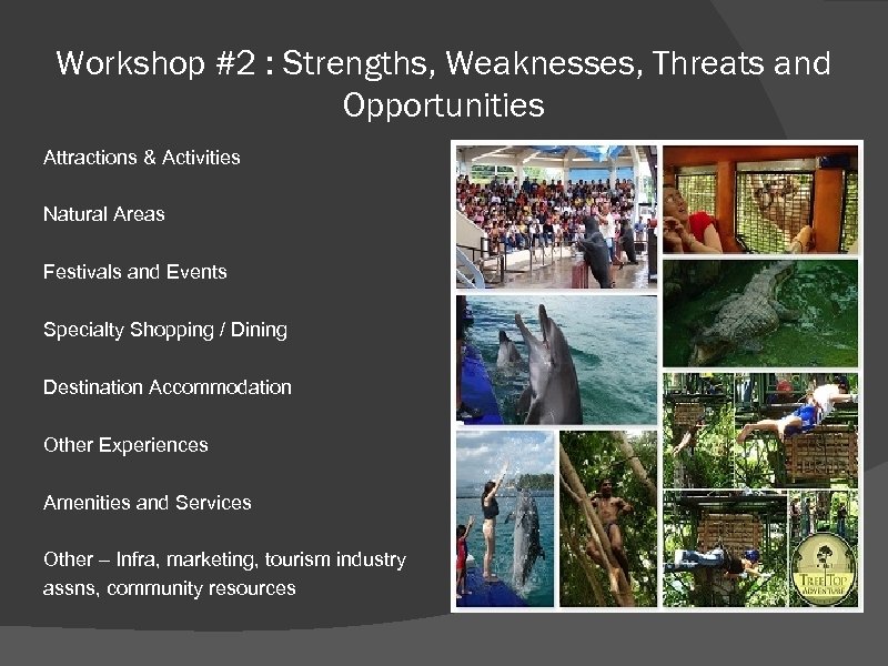 Workshop #2 : Strengths, Weaknesses, Threats and Opportunities Attractions & Activities Natural Areas Festivals