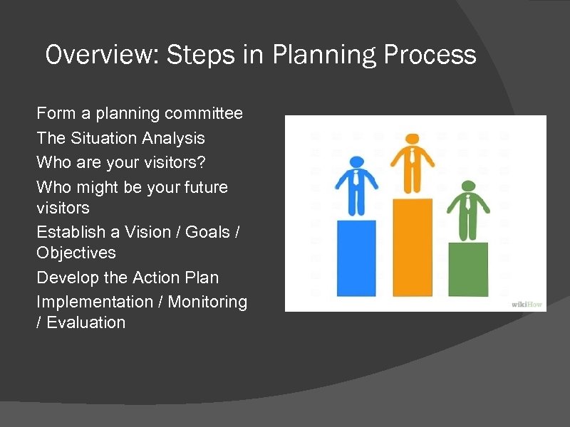 Overview: Steps in Planning Process Form a planning committee The Situation Analysis Who are