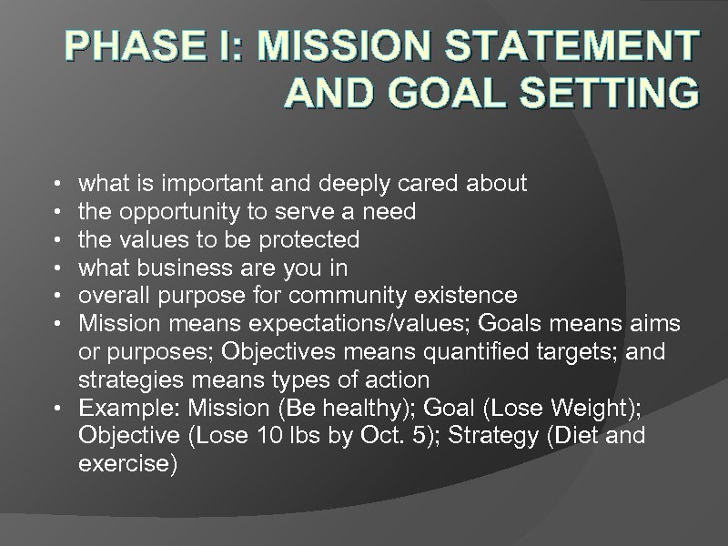 PHASE I: MISSION STATEMENT AND GOAL SETTING what is important and deeply cared about