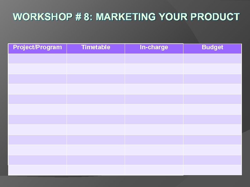 WORKSHOP # 8: MARKETING YOUR PRODUCT Project/Program Timetable In-charge Budget 