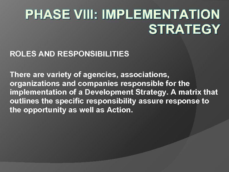 PHASE VIII: IMPLEMENTATION STRATEGY ROLES AND RESPONSIBILITIES There are variety of agencies, associations, organizations