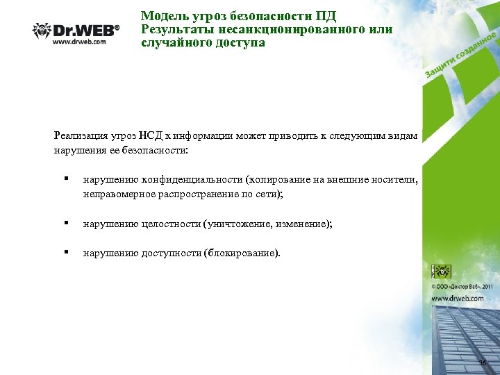 Модель угроз безопасности ПД Результаты несанкционированного или случайного доступа Реализация угроз НСД к информации
