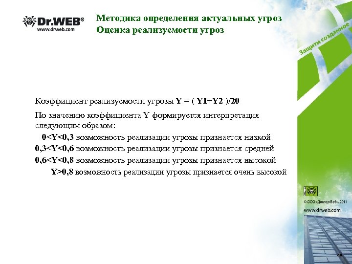 Методика определения актуальных угроз Оценка реализуемости угроз Коэффициент реализуемости угрозы Y = ( Y