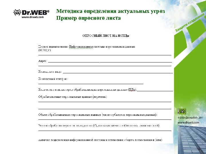 Методика определения актуальных угроз Пример опросного листа 51 