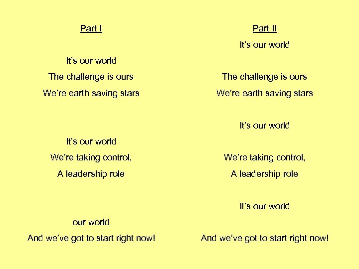 Part II It’s our world The challenge is ours We’re earth saving stars It’s
