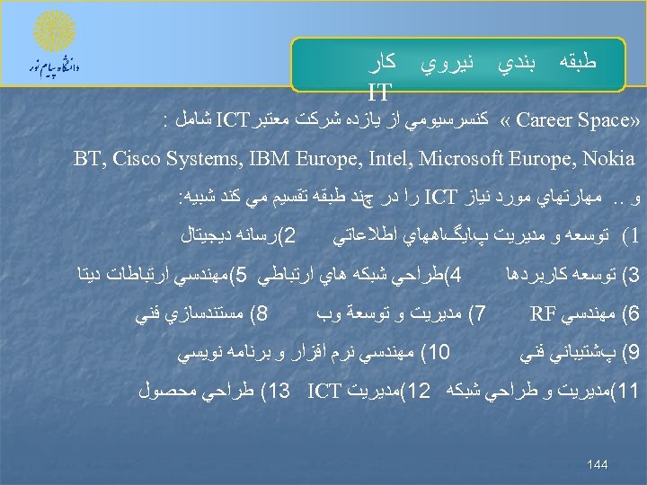  ﻃﺒﻘﻪ ﺑﻨﺪﻱ ﻧﻴﺮﻭﻱ ﻛﺎﺭ IT » « Career Space ﻛﻨﺴﺮﺳﻴﻮﻣﻲ ﺍﺯ ﻳﺎﺯﺩﻩ ﺷﺮﻛﺖ