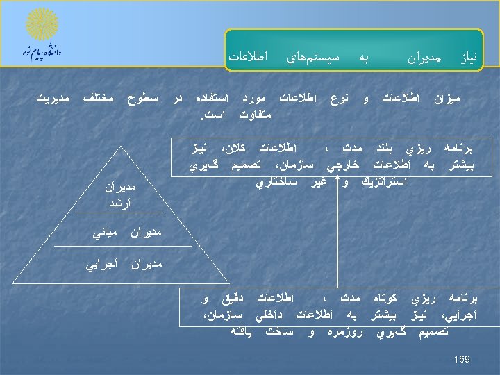  ﻣﺪﻳﺮﺍﻥ ﻧﻴﺎﺯ ﻣﻴﺰﺍﻥ ﺍﻃﻼﻋﺎﺕ ﺑﻪ ﻭ ﺳﻴﺴﺘﻢﻫﺎﻱ ﻧﻮﻉ ﺍﻃﻼﻋﺎﺕ ﻣﻮﺭﺩ ﺍﺳﺘﻔﺎﺩﻩ ﻣﺘﻔﺎﻭﺕ ﺍﺳﺖ.