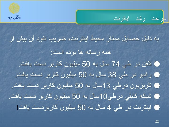  ﺳﺮﻋﺖ ﺭﺷﺪ ﺍﻳﻨﺘﺮﻧﺖ ﺑﻪ ﺩﻟﻴﻞ ﺧﺼﺎﻳﻞ ﻣﻤﺘﺎﺯ ﻣﺤﻴﻂ ﺍﻳﻨﺘﺮﻧﺖ، ﺿﺮﻳﺐ ﻧﻔﻮﺫ آﻦ ﺑﻴﺶ