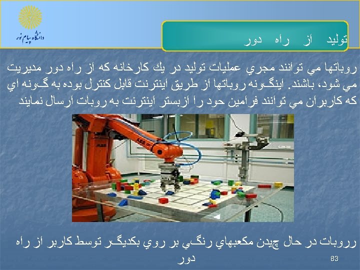  ﺗﻮﻟﻴﺪ ﺍﺯ ﺭﺍﻩ ﺩﻭﺭ ﺭﻭﺑﺎﺗﻬﺎ ﻣﻲ ﺗﻮﺍﻧﻨﺪ ﻣﺠﺮﻱ ﻋﻤﻠﻴﺎﺕ ﺗﻮﻟﻴﺪ ﺩﺭ ﻳﻚ ﻛﺎﺭﺧﺎﻧﻪ