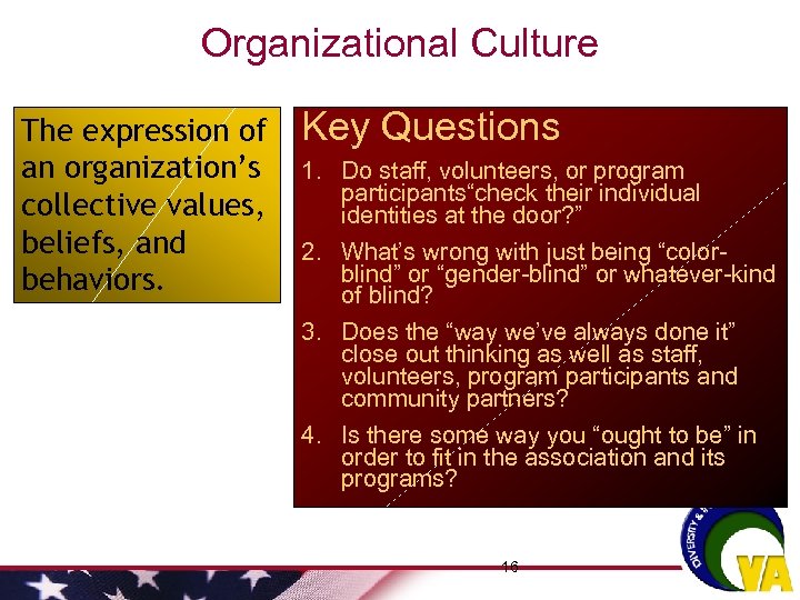 Organizational Culture The expression of an organization’s collective values, beliefs, and behaviors. Key Questions