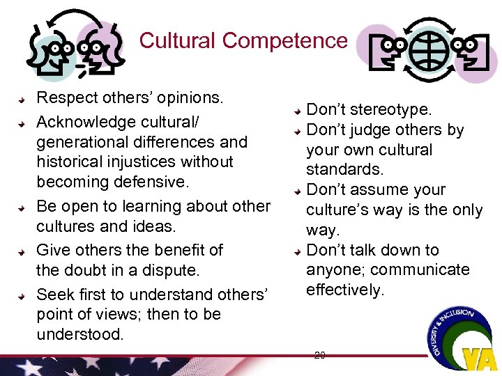 Cultural Competence Respect others’ opinions. Acknowledge cultural/ generational differences and historical injustices without becoming