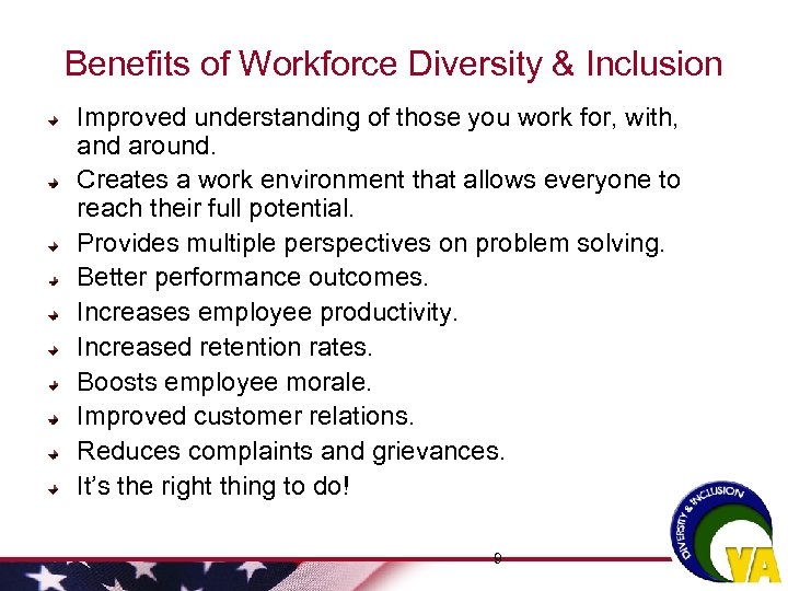 Benefits of Workforce Diversity & Inclusion Improved understanding of those you work for, with,