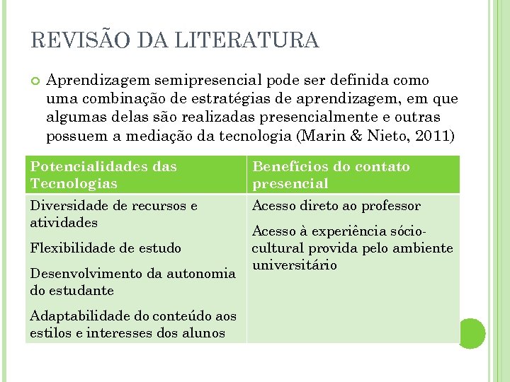 REVISÃO DA LITERATURA Aprendizagem semipresencial pode ser definida como uma combinação de estratégias de