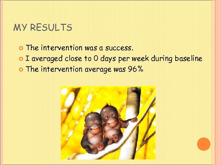MY RESULTS The intervention was a success. I averaged close to 0 days per