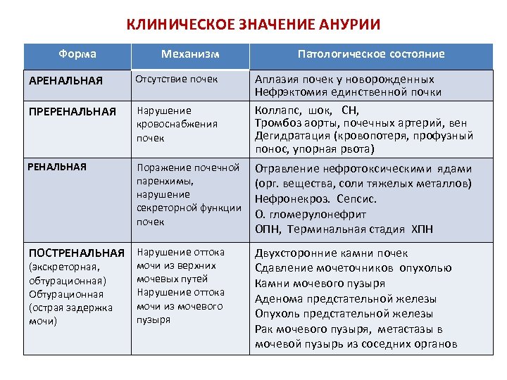 КЛИНИЧЕСКОЕ ЗНАЧЕНИЕ АНУРИИ Форма Механизм АРЕНАЛЬНАЯ Отсутствие почек ПРЕРЕНАЛЬНАЯ Нарушение кровоснабжения почек РЕНАЛЬНАЯ Поражение