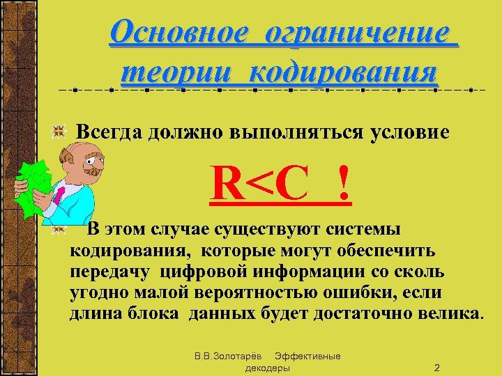 Основное ограничение теории кодирования Всегда должно выполняться условие R<C ! В этом случае существуют