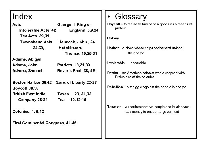 Index • Glossary Acts George III King of Intolerable Acts 42 England 5, 9,