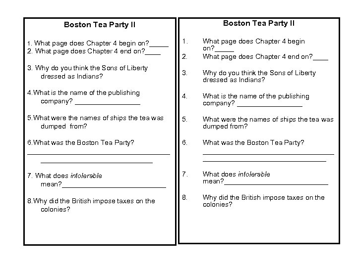  Boston Tea Party II 1. What page does Chapter 4 begin on? _____