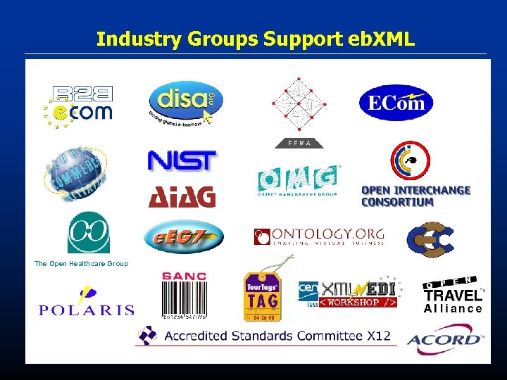 Industry Groups Support eb. XML The Open Healthcare Group 